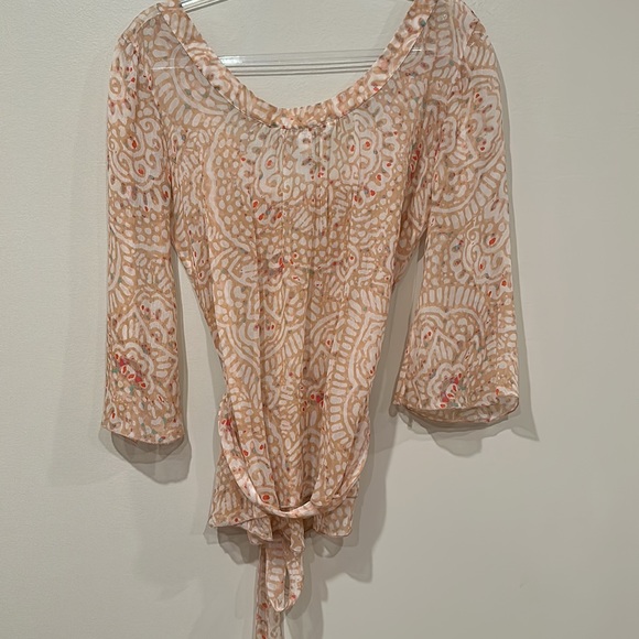 Diane Von Furstenberg Carleen Peach Silk Boho Print Shirt Size 8 Tie Waist - Picture 6 of 7